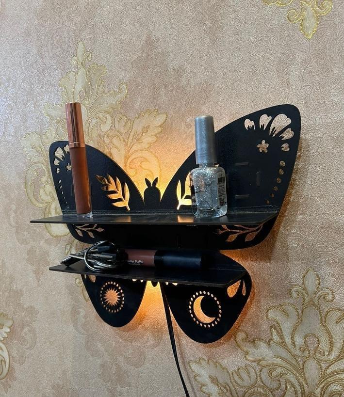 Butterfly Design Wooden Wall Shelf With Back Light